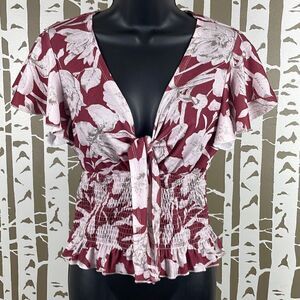 See The Shades Smocked Waist Tie Front Flutter Sleeve Top S NEW
